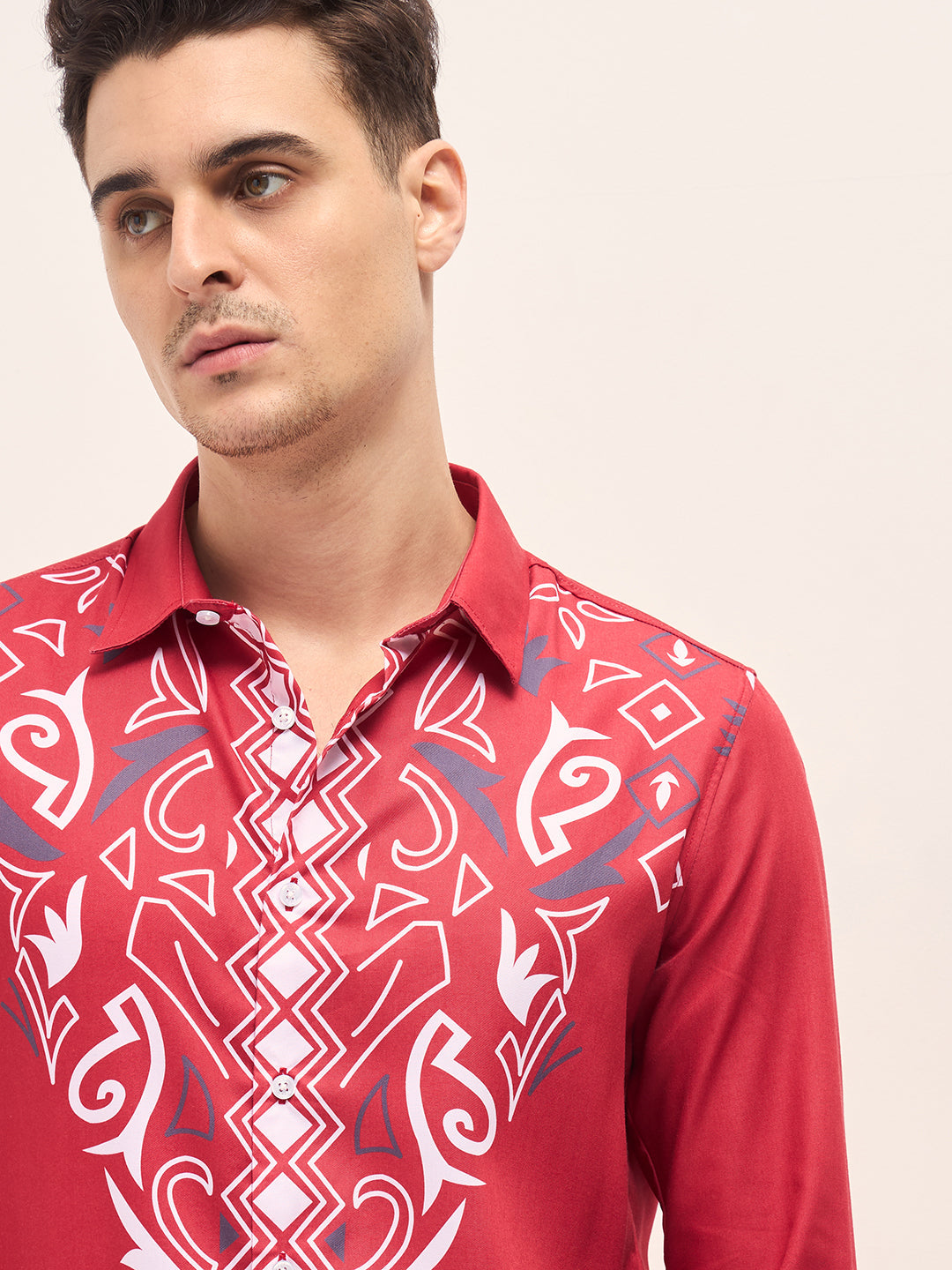 Men Red Tribal-inspired geometric Print Slim Fit Casual Shirt