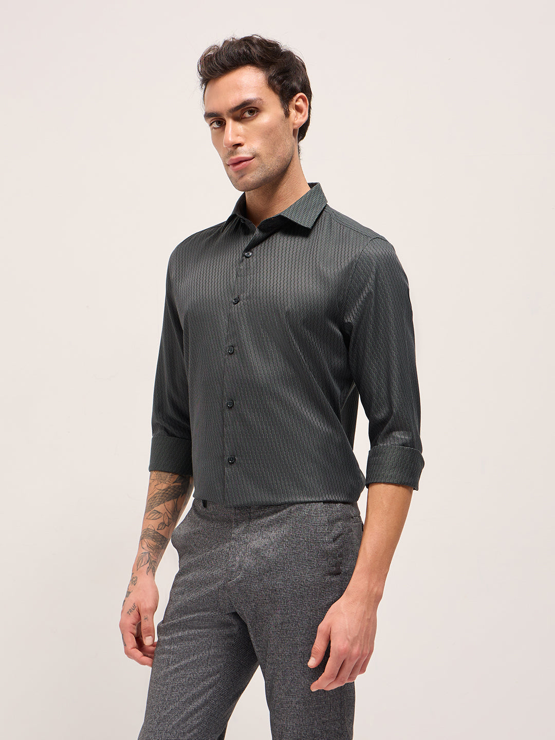 Men Green Woven Design Tailored Fit Formal Shirt