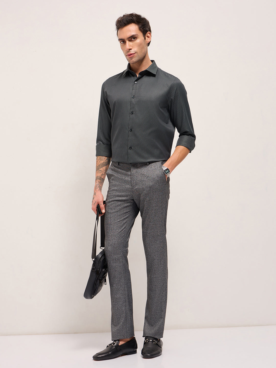 Men Green Woven Design Tailored Fit Formal Shirt