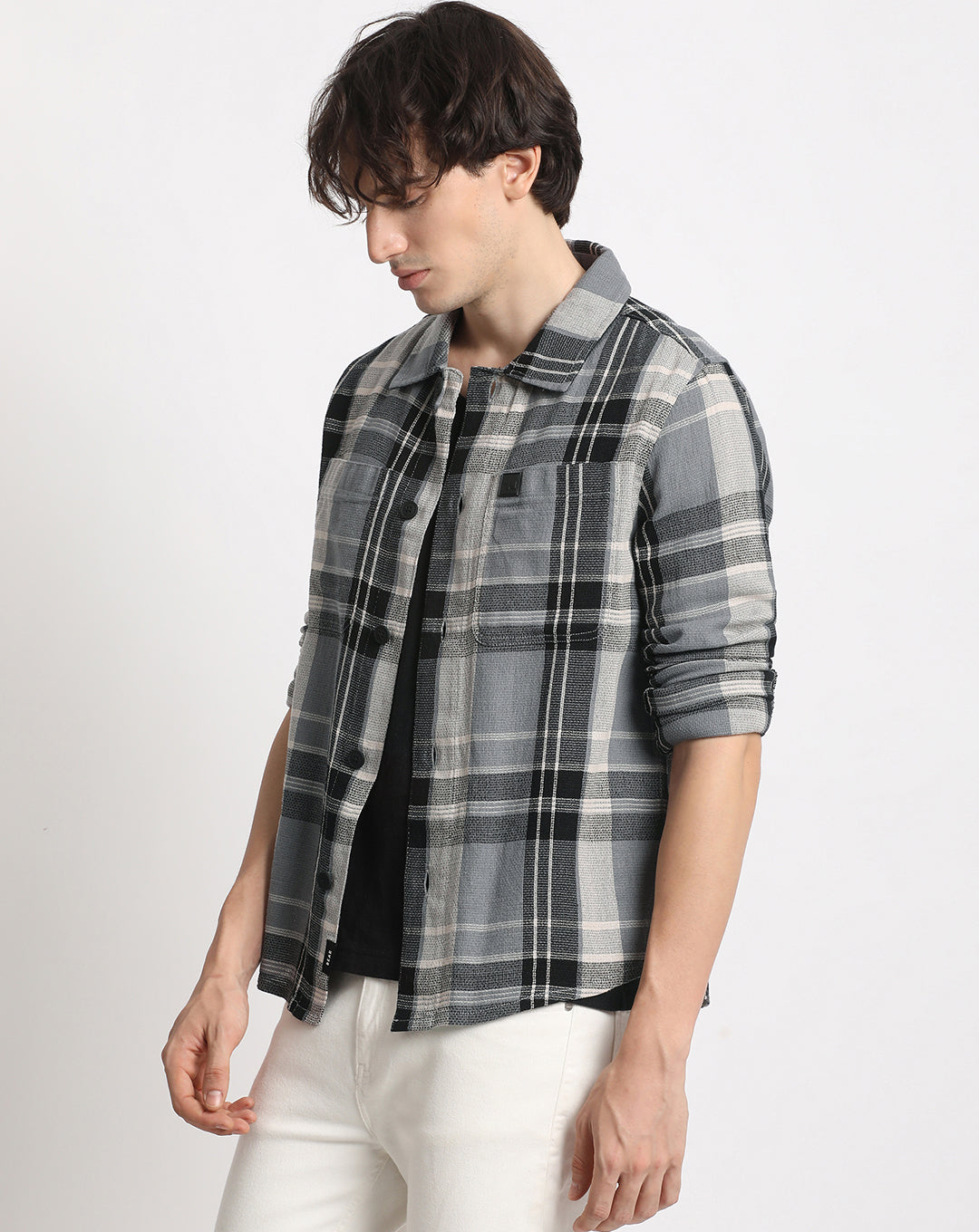 Men Grey Checked Regular Fit Cotton Shacket – FYVA