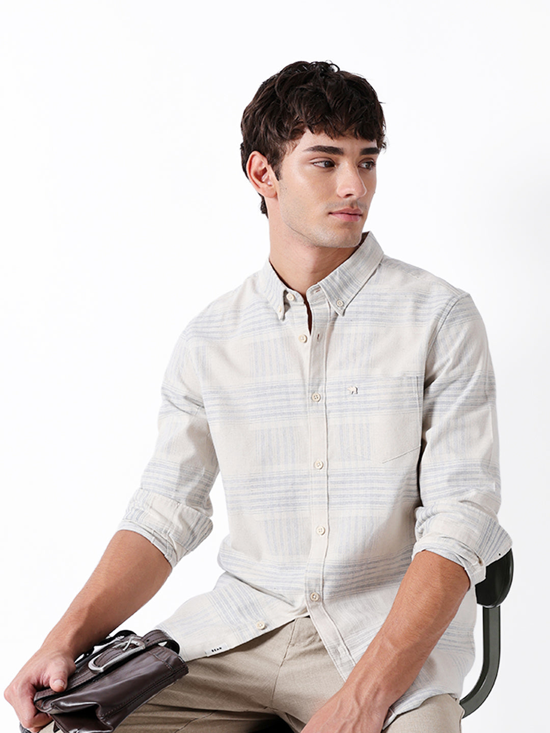 Men Cream Cotton Checked Shirt