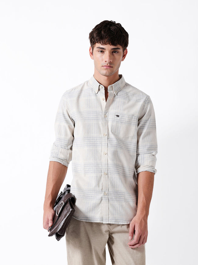 Men Cream Cotton Checked Shirt