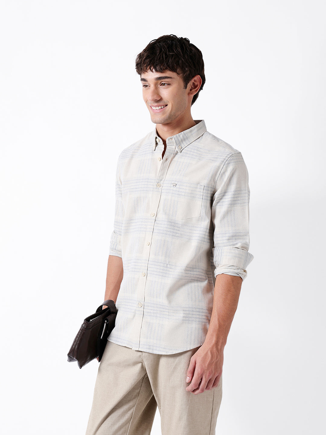 Men Cream Cotton Checked Shirt