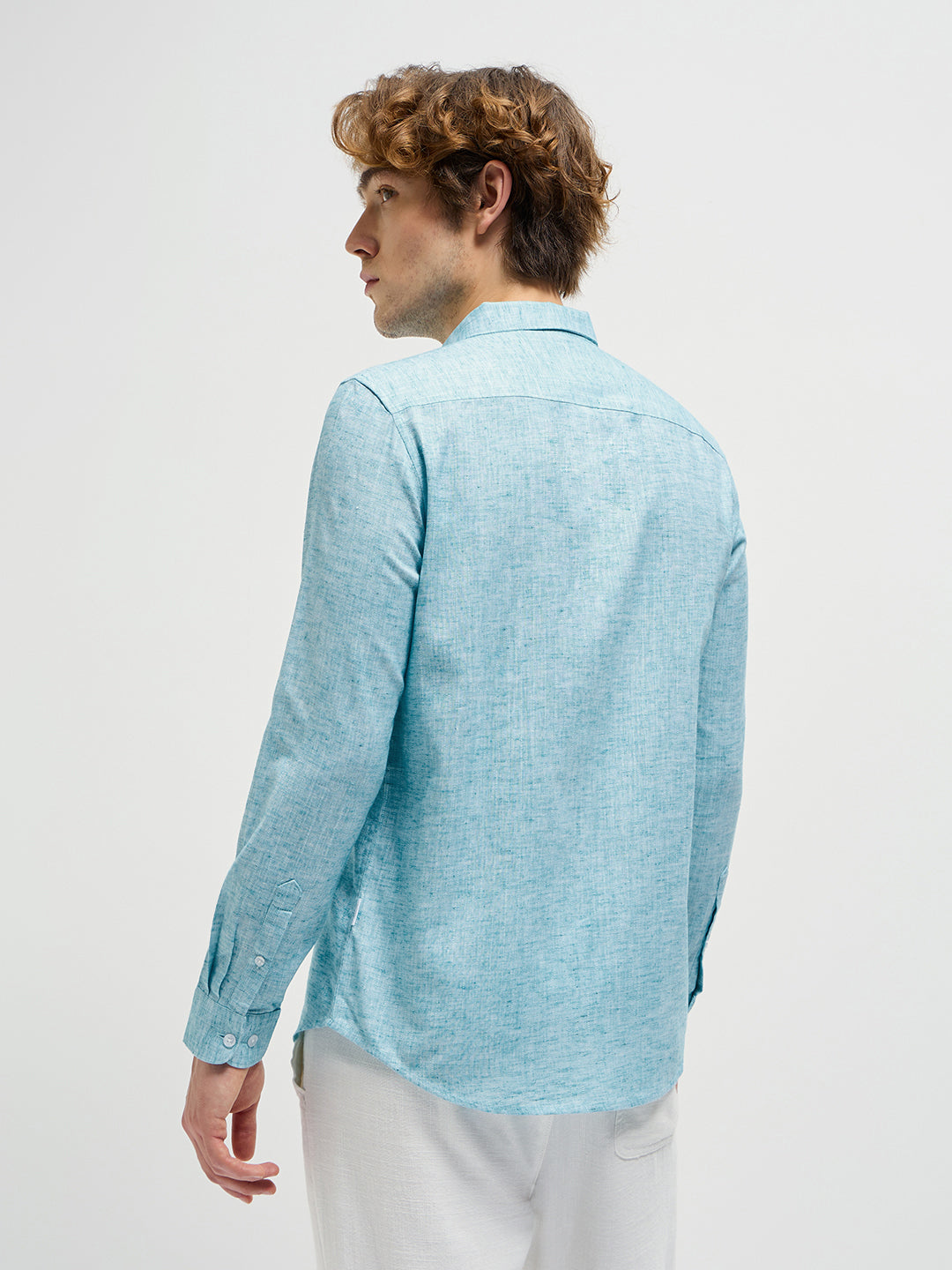 Men Teal Blue Self Design Slim Fit Casual Shirt