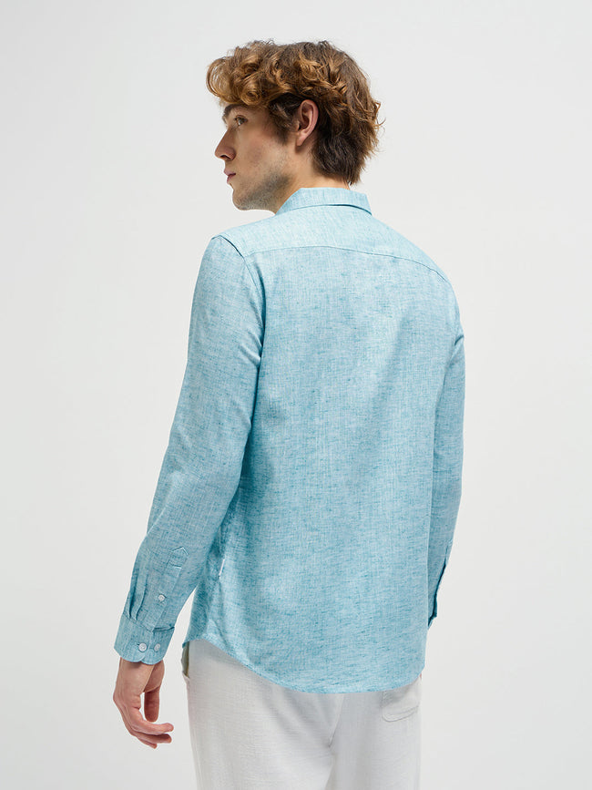 Men Teal Blue Self Design Slim Fit Casual Shirt