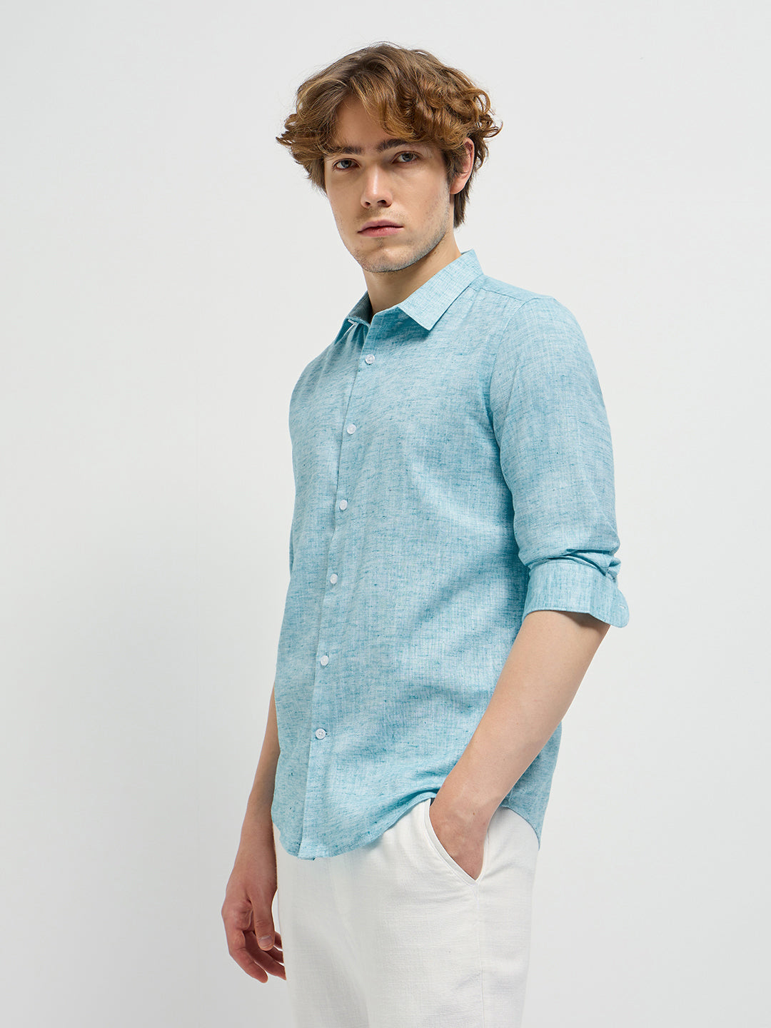 Men Teal Blue Self Design Slim Fit Casual Shirt