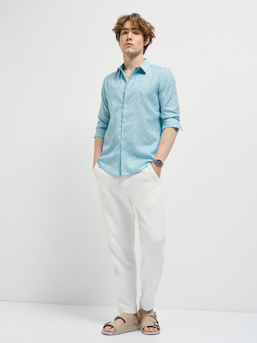 Men Teal Blue Self Design Slim Fit Casual Shirt
