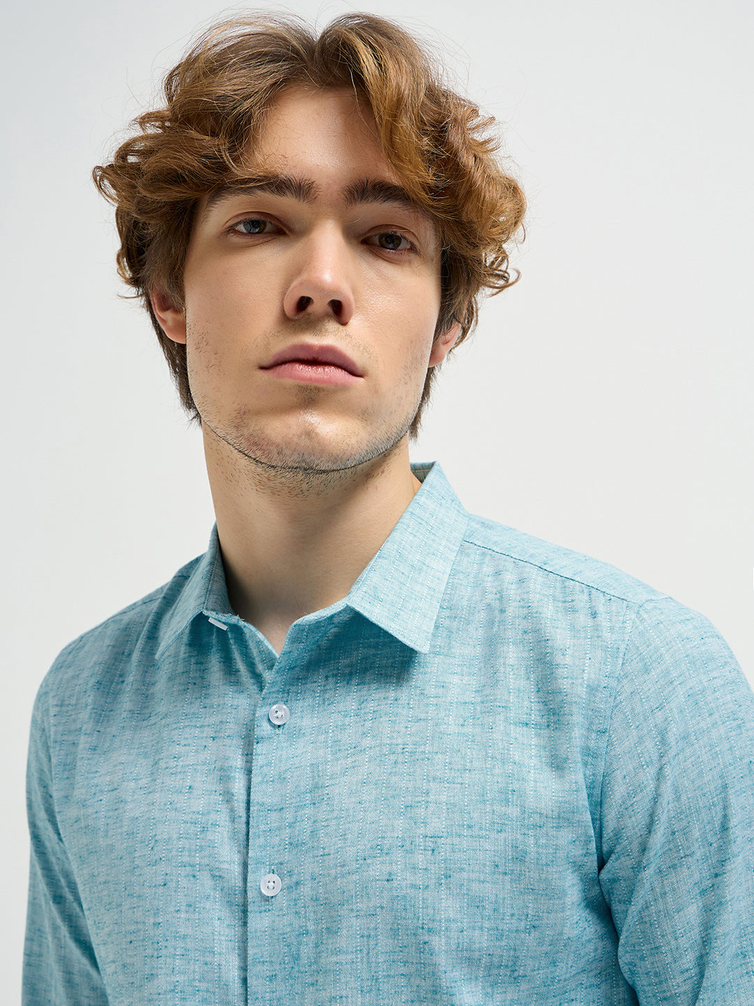Men Teal Blue Self Design Slim Fit Casual Shirt