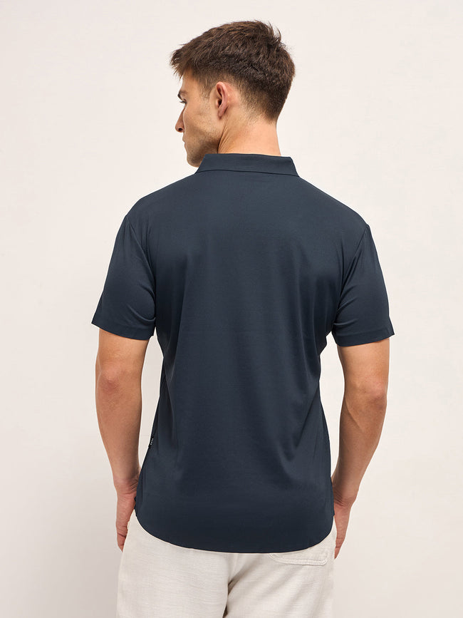 Men Navy Solid Nylon Blend Classic Spread Collar Shirt