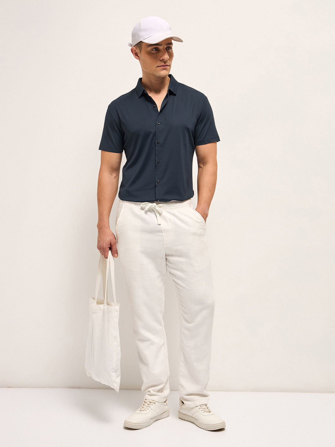 Men Navy Solid Nylon Blend Classic Spread Collar Shirt