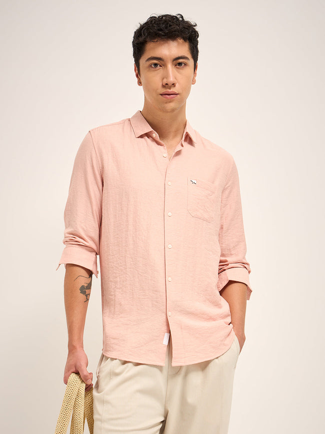 Men Peach Solid Slim Fit Casual Shirt