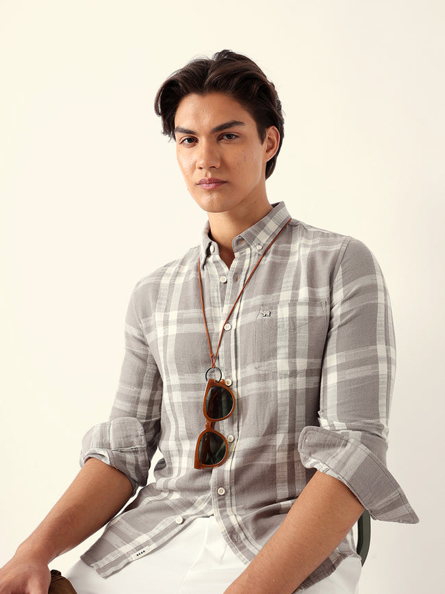 Men Grey Checked Casual Shirt