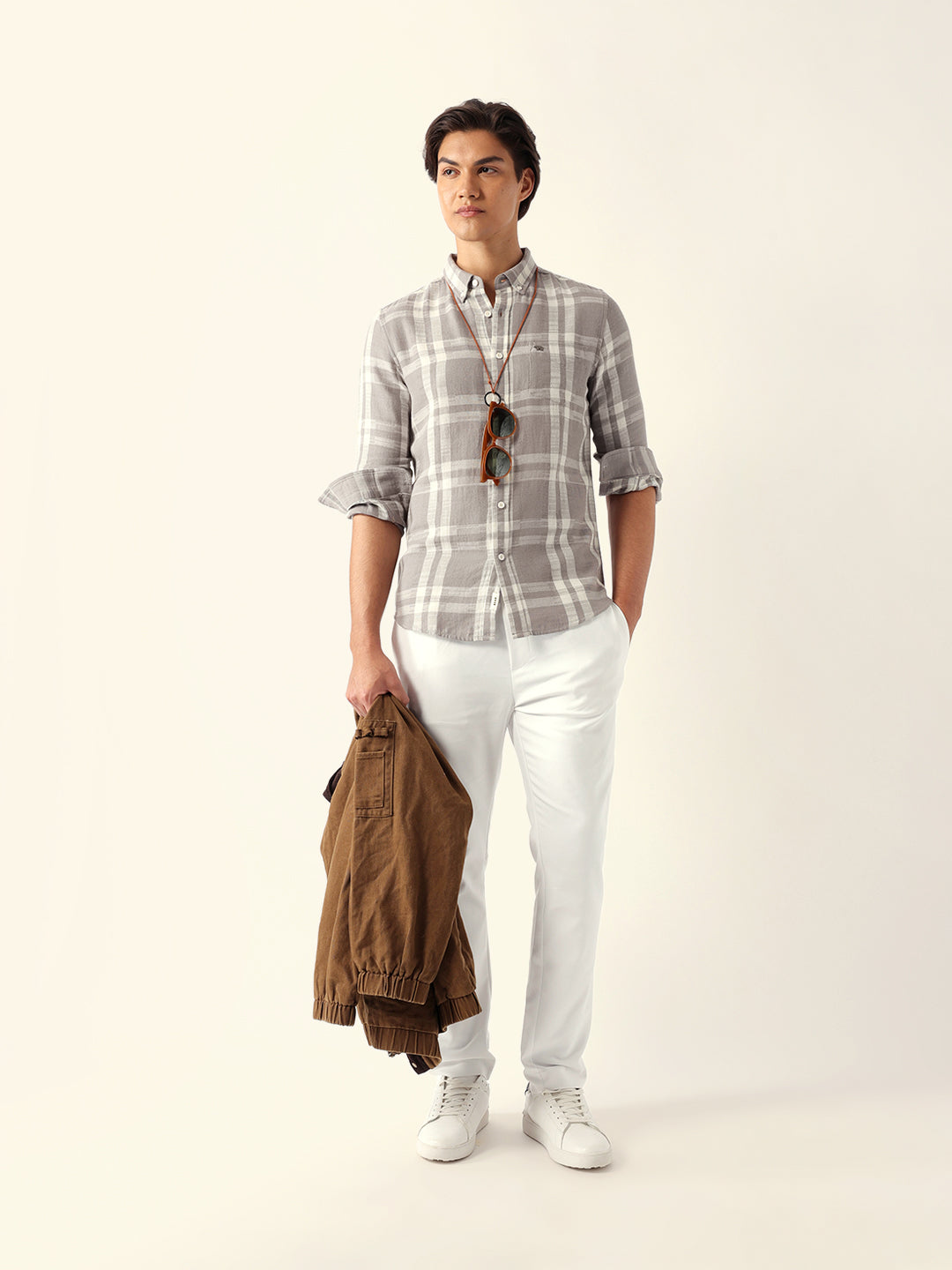 Men Grey Checked Casual Shirt