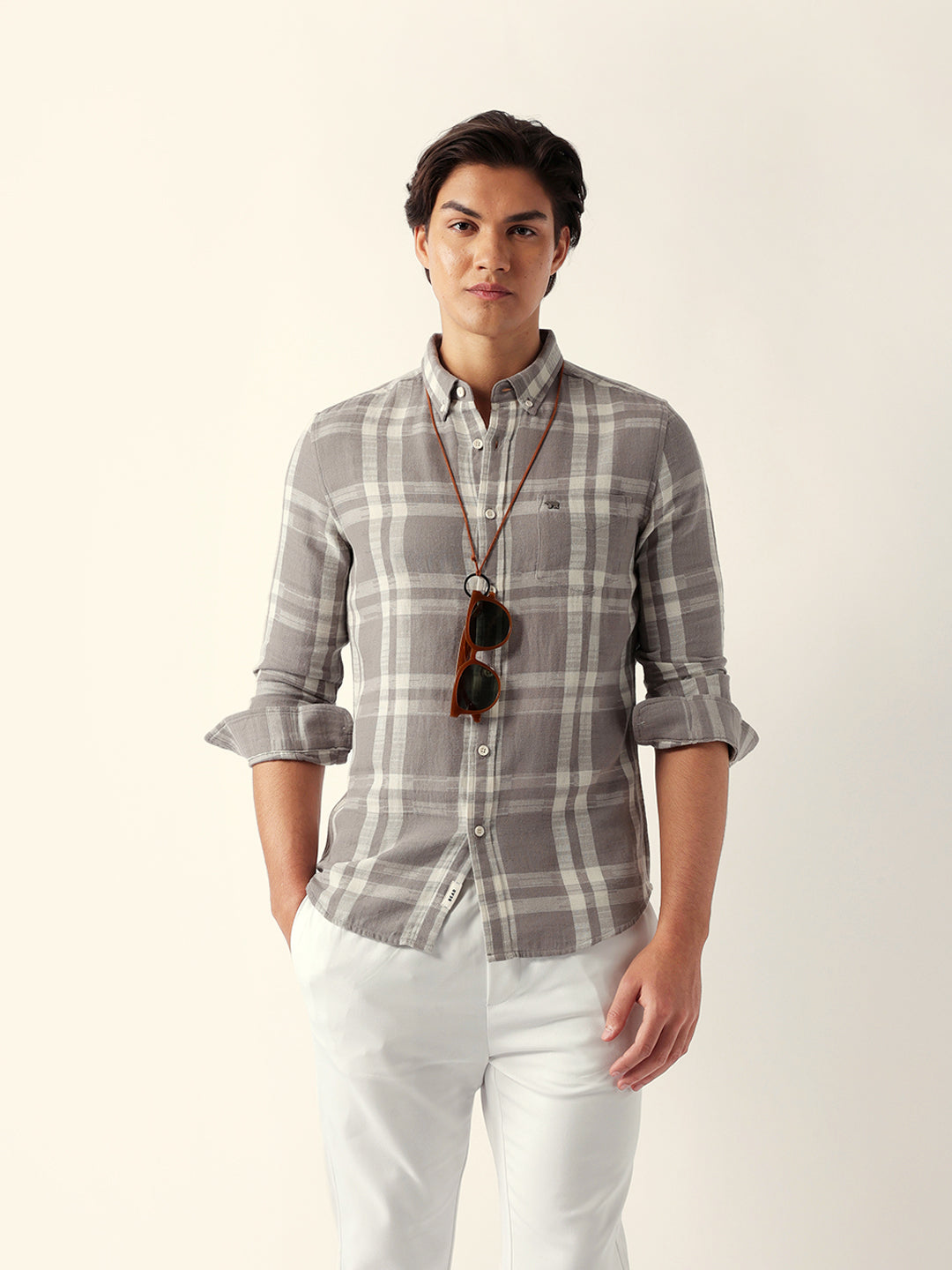 Men Grey Checked Casual Shirt