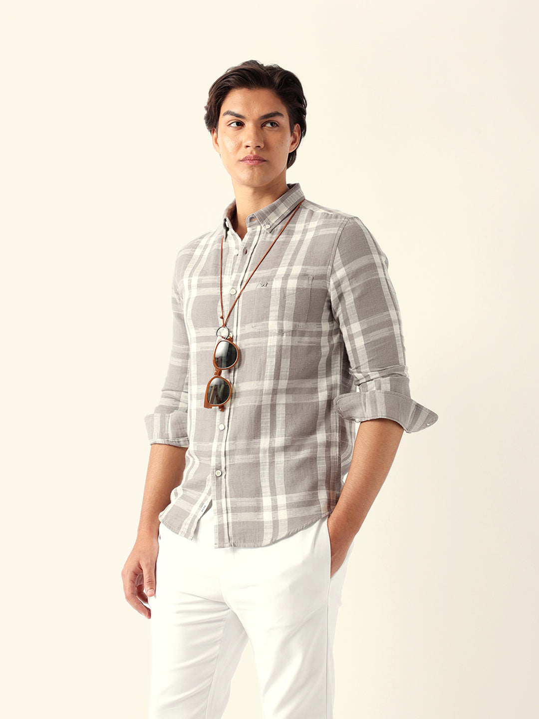 Men Grey Checked Casual Shirt