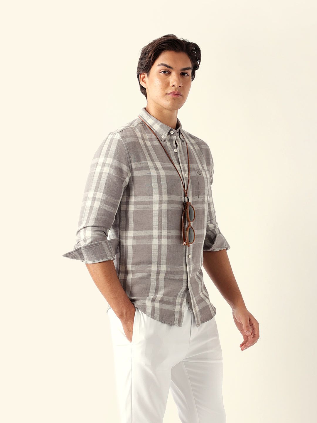 Men Grey Checked Casual Shirt