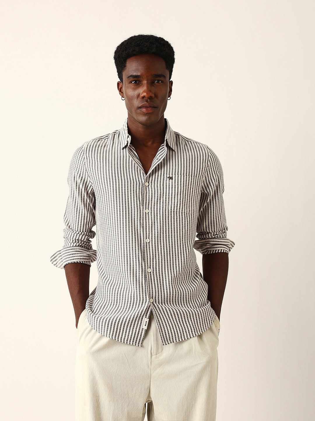 Men Black Viscose Rayon Striped Shirt