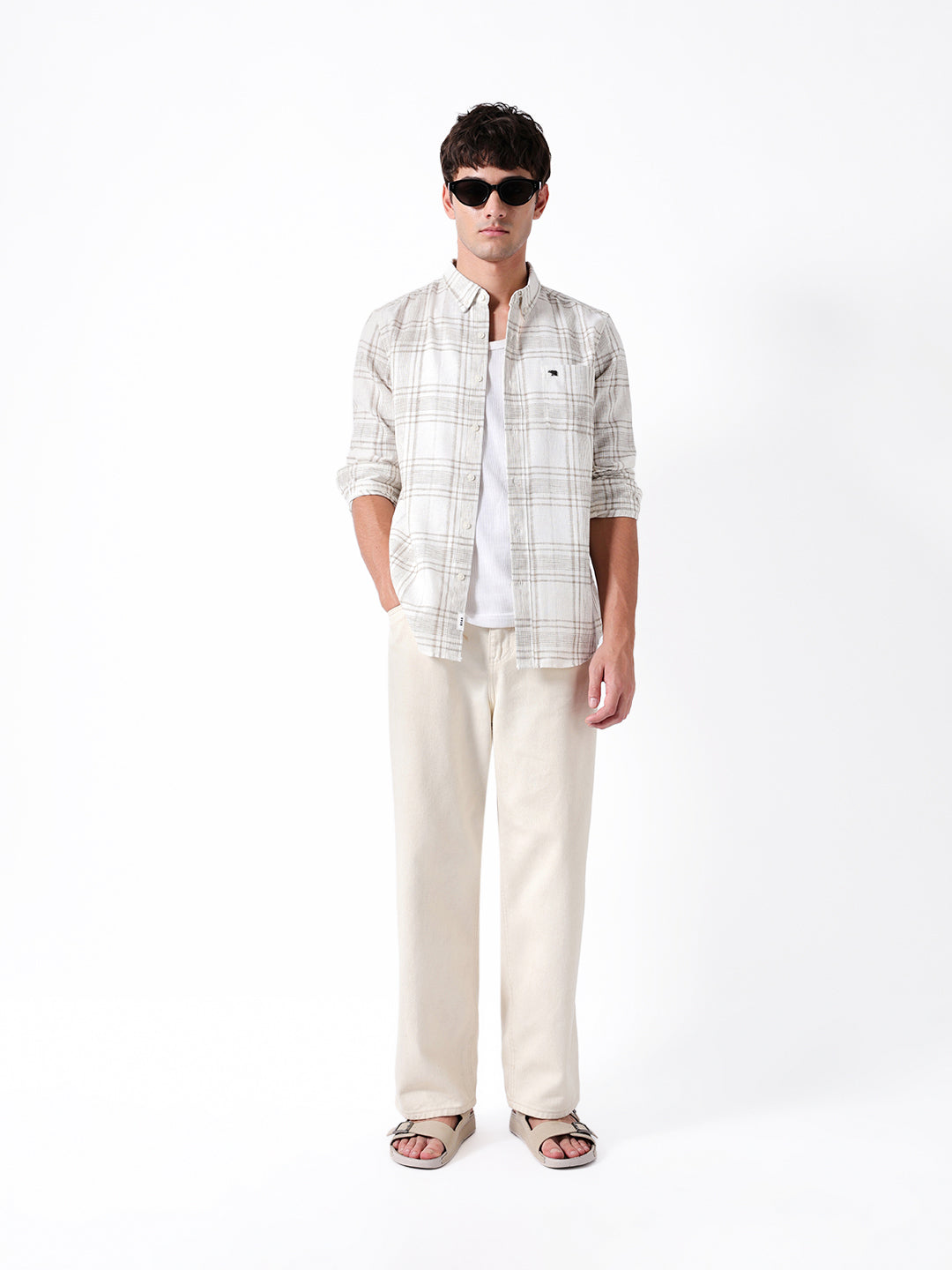 Men Cream Checked Shirt