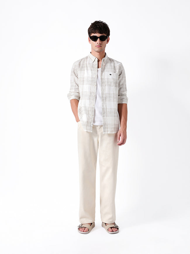 Men Cream Checked Shirt