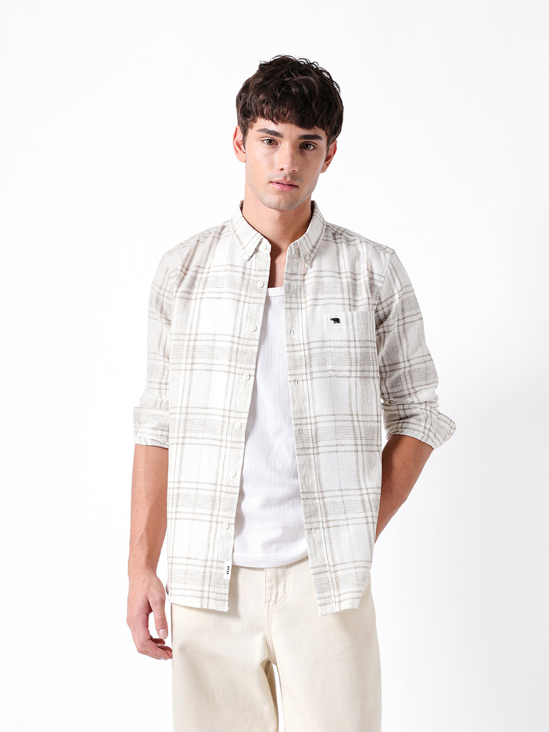 Men Cream Checked Shirt
