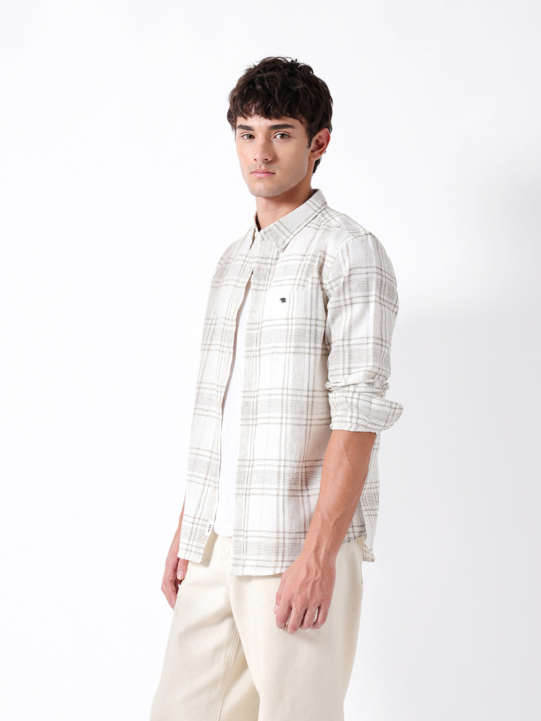 Men Cream Checked Shirt