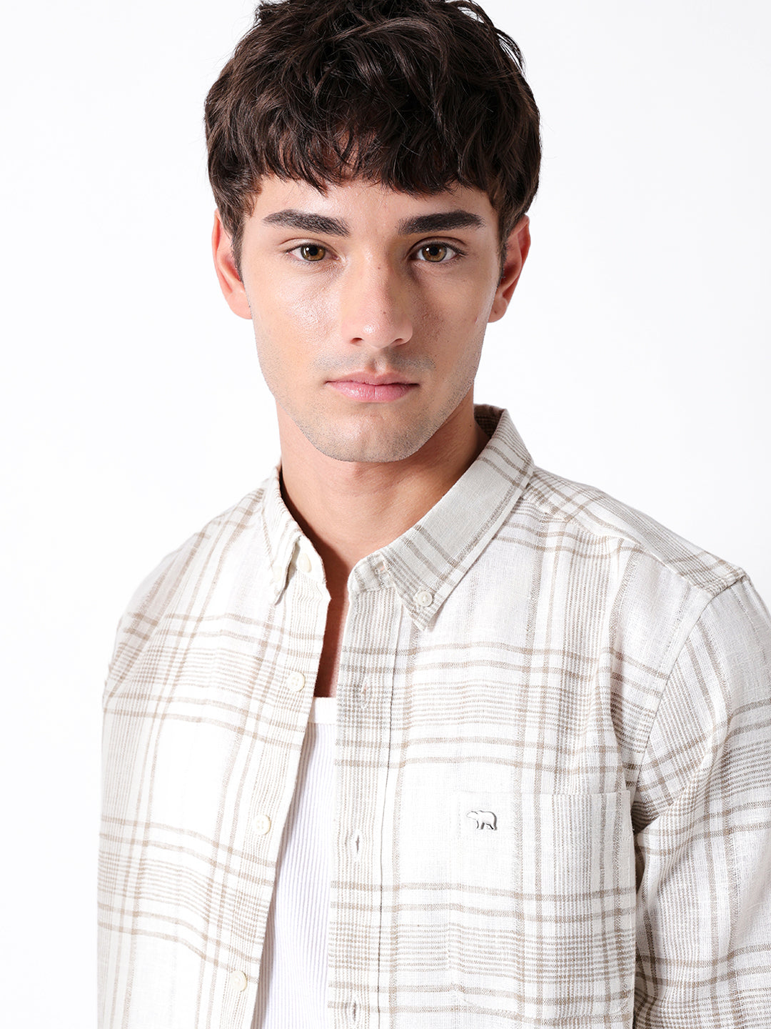 Men Cream Checked Shirt