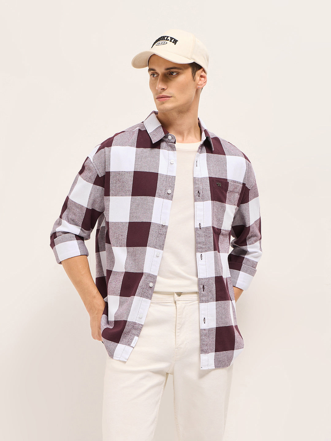 Men Maroon and White Buffalo Check Relaxed Fit Casual Shirt