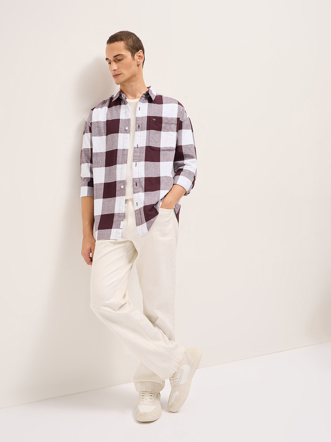 Men Maroon and White Buffalo Check Relaxed Fit Casual Shirt