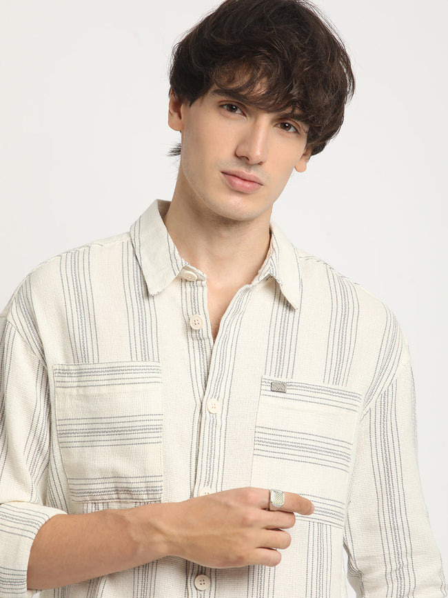 Men White Striped Relaxed Fit Cotton Casual Shirt
