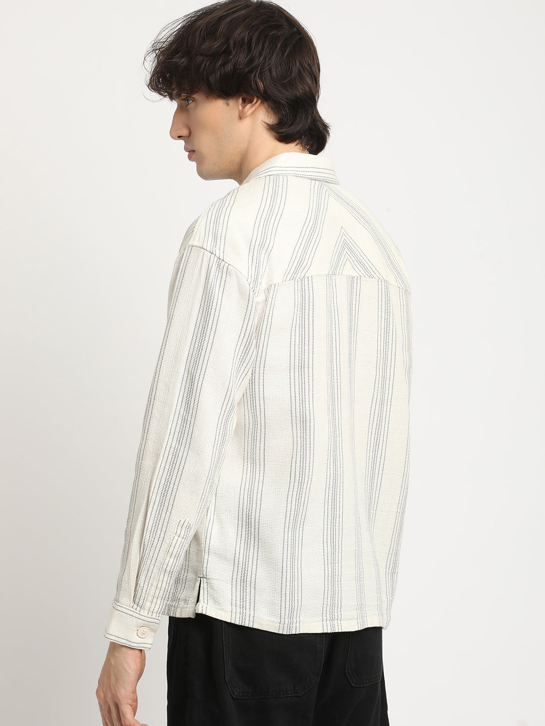 Men White Striped Relaxed Fit Cotton Casual Shirt