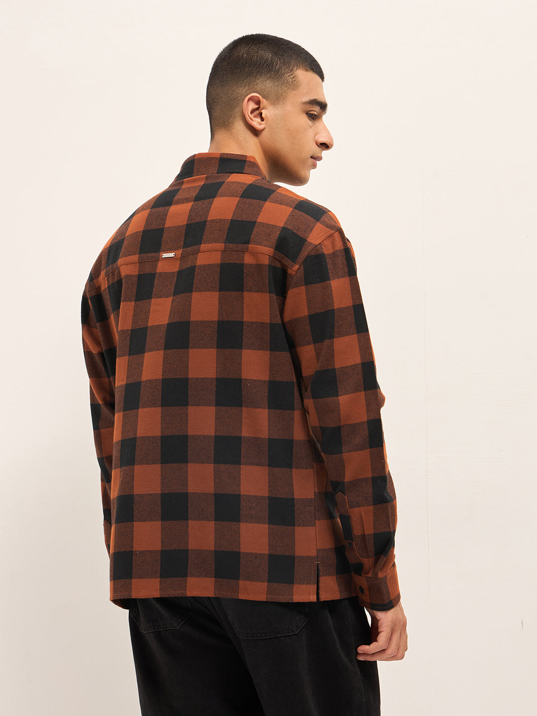 Men Orange & Black Checked Relaxed Fit Shacket