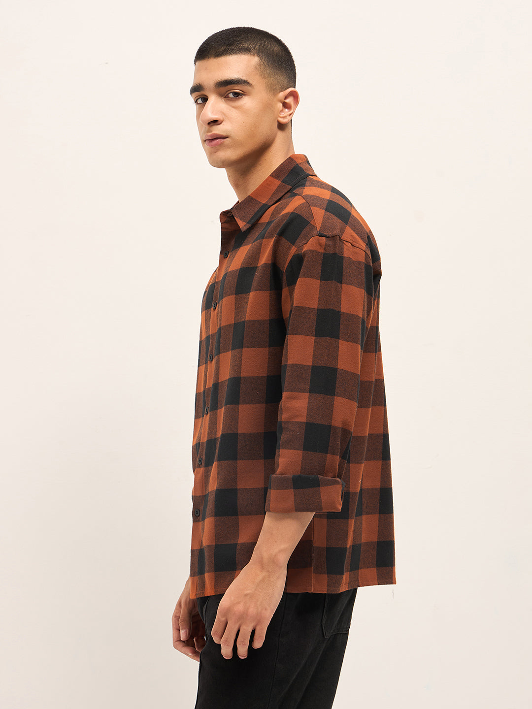Men Orange & Black Checked Relaxed Fit Shacket