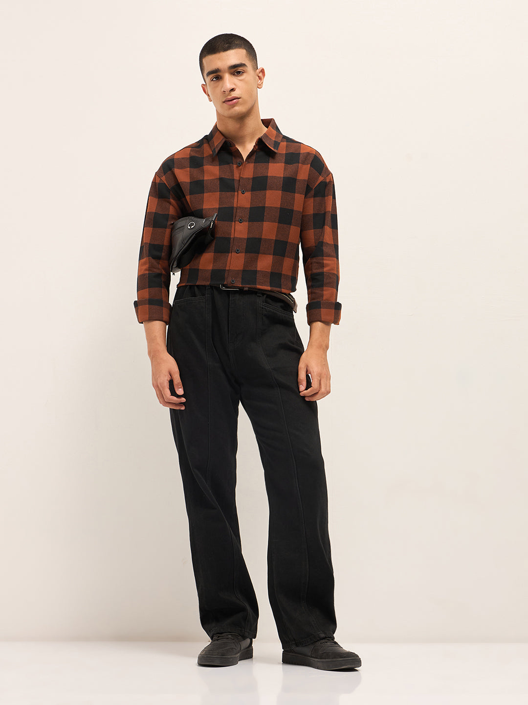 Men Orange & Black Checked Relaxed Fit Shacket