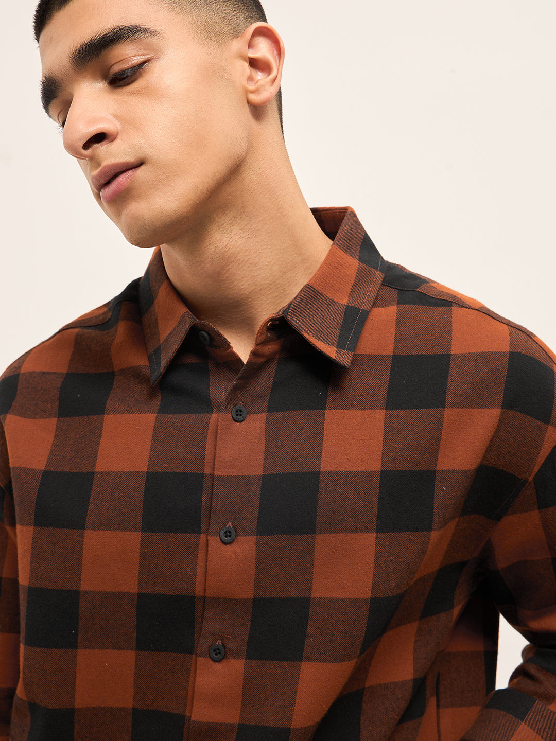 Men Orange & Black Checked Relaxed Fit Shacket
