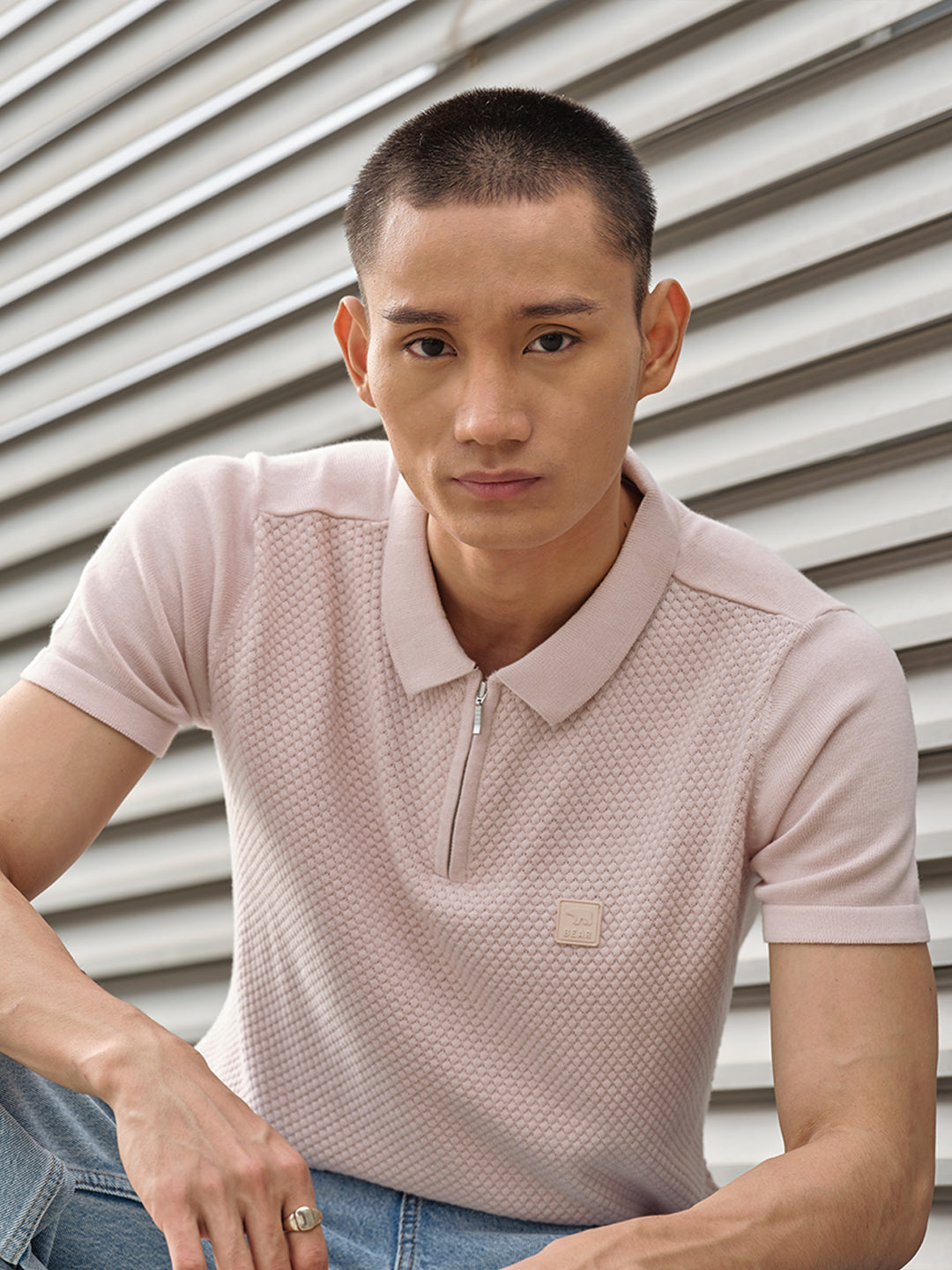 Men Ardor Edition Peach-Coloured Self Design Polo Collar Slim Fit T-shirt