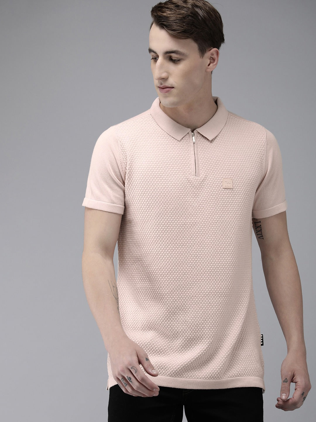 Men Ardor Edition Peach-Coloured Self Design Polo Collar Slim Fit T-shirt