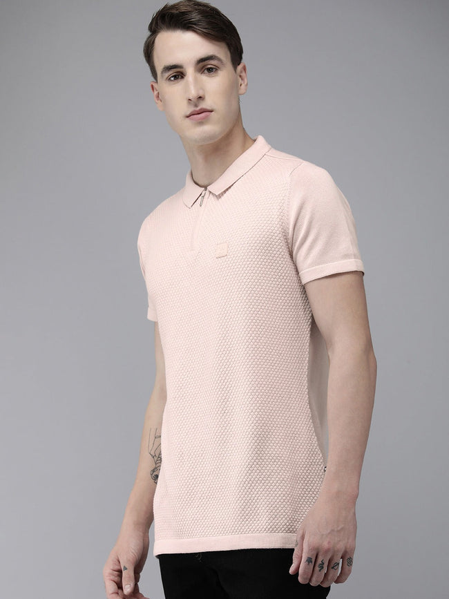 Men Ardor Edition Peach-Coloured Self Design Polo Collar Slim Fit T-shirt