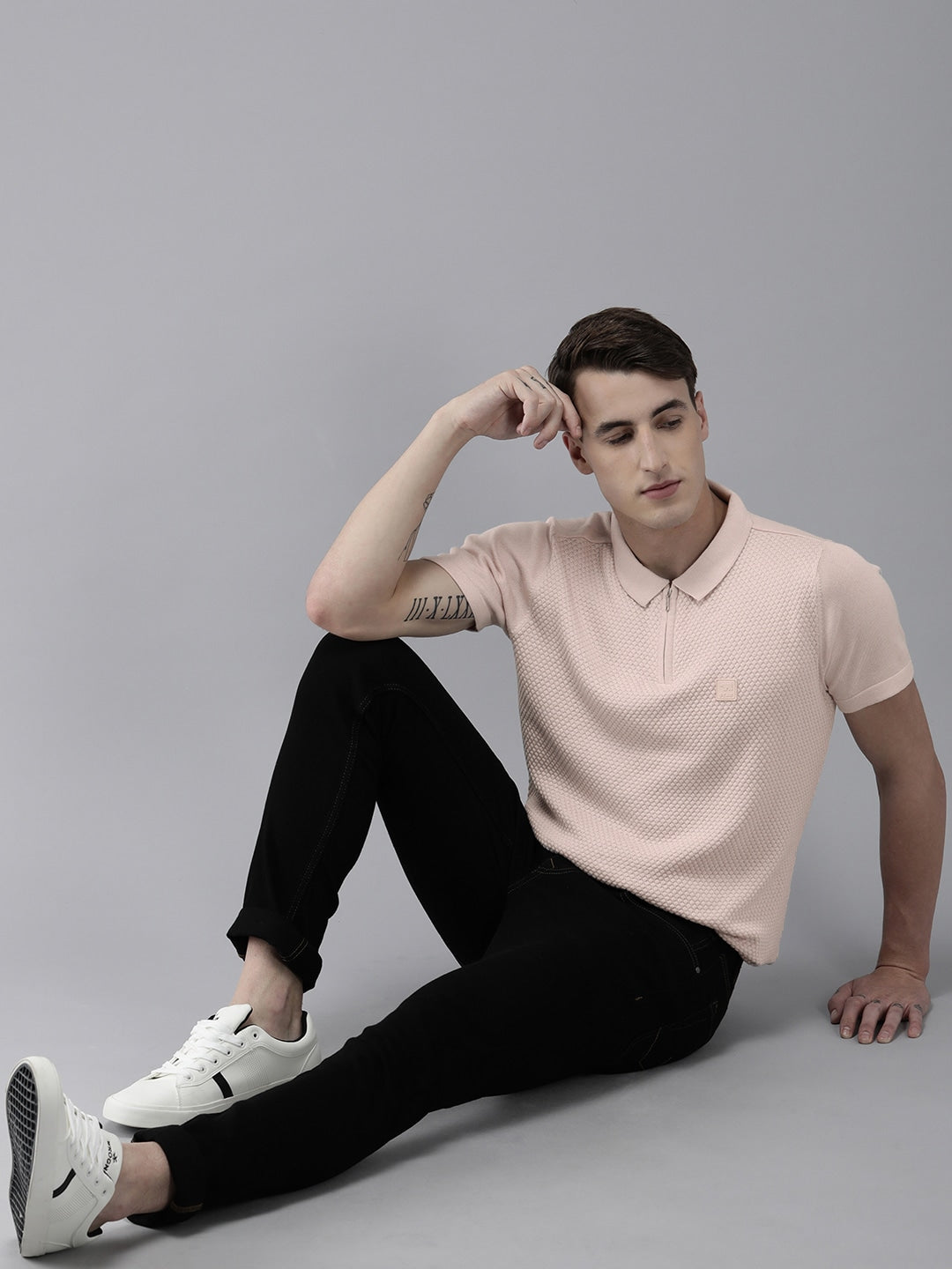 Men Ardor Edition Peach-Coloured Self Design Polo Collar Slim Fit T-shirt