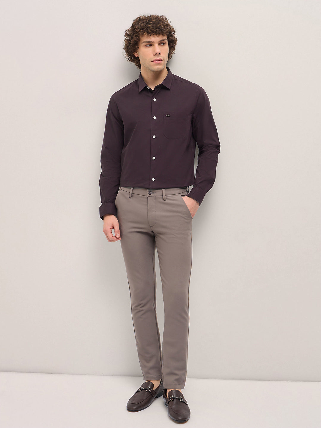 Men Shirt Maroon Tailored Fit Cotton Formal Shirt