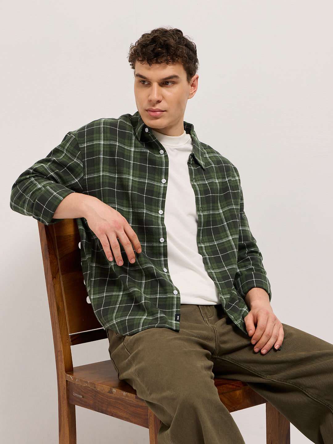 Men Olive Tartan Checked Relax Fit Overshirt