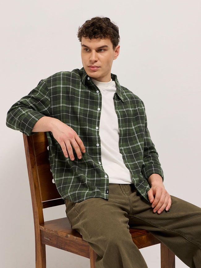 Men Olive Tartan Checked Relax Fit Overshirt
