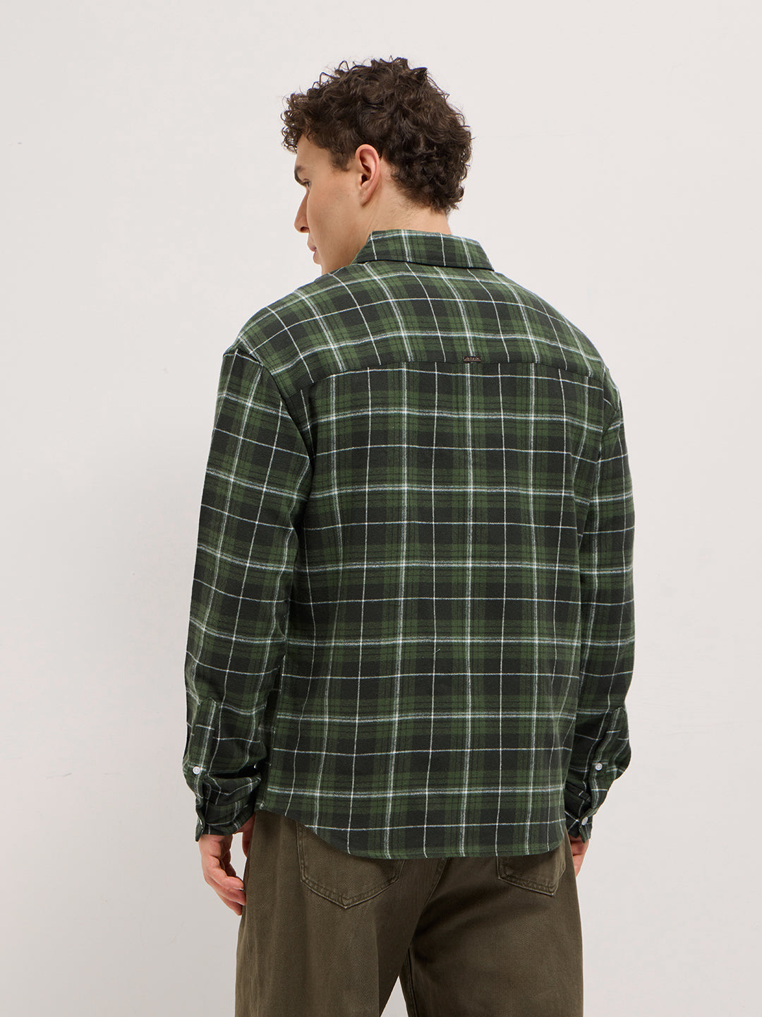Men Olive Tartan Checked Relax Fit Overshirt