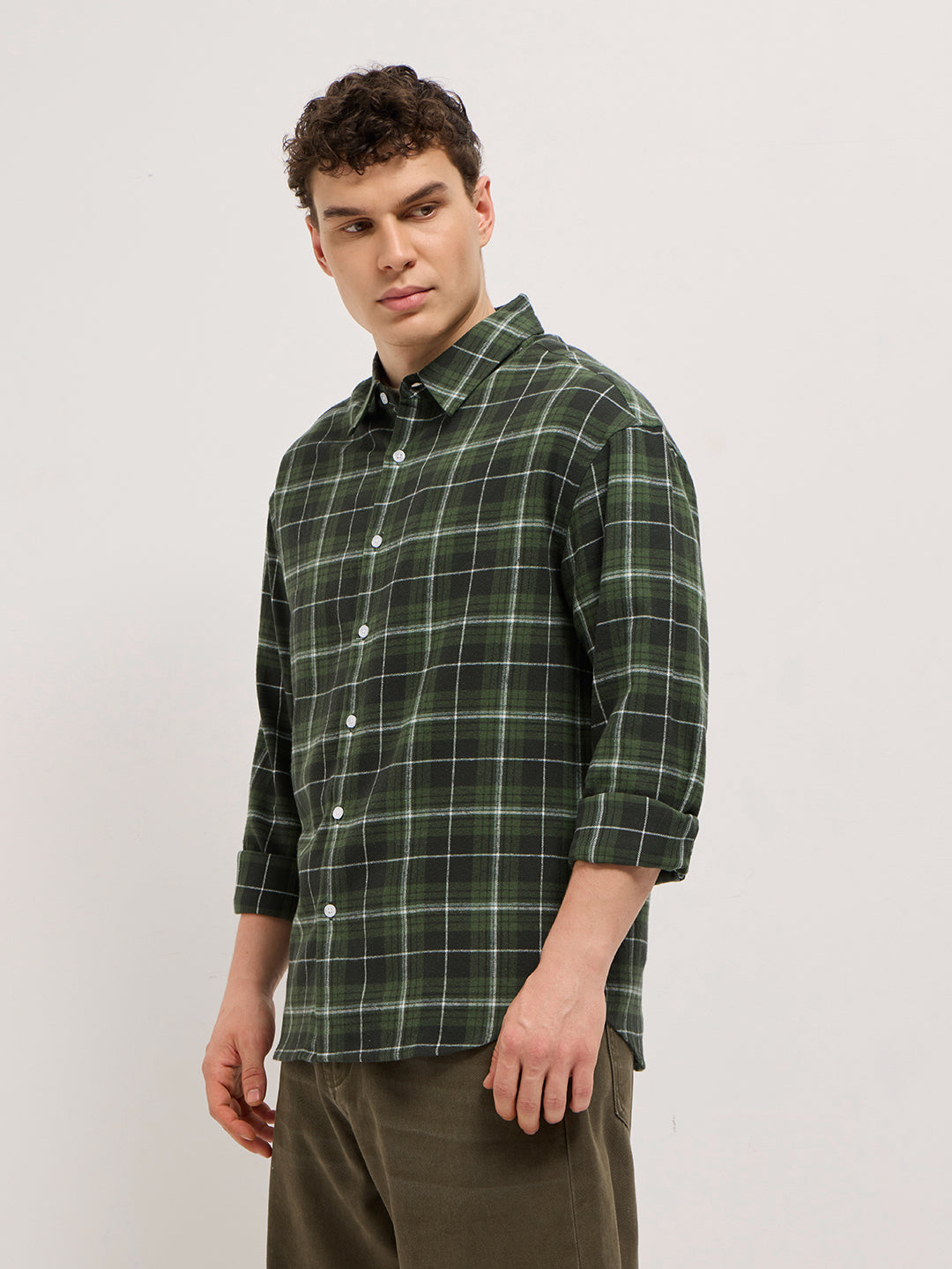Men Olive Tartan Checked Relax Fit Overshirt