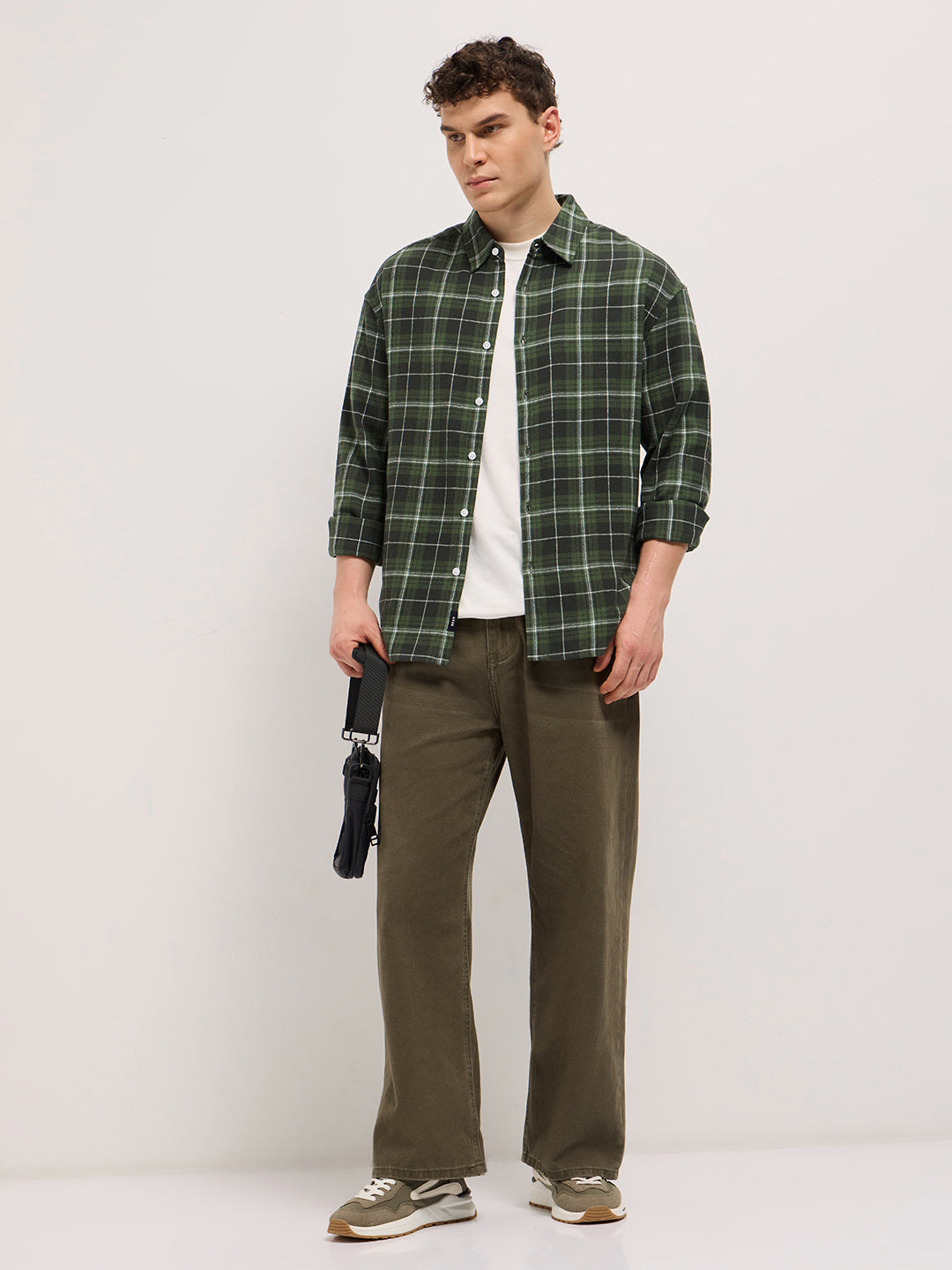 Men Olive Tartan Checked Relax Fit Overshirt