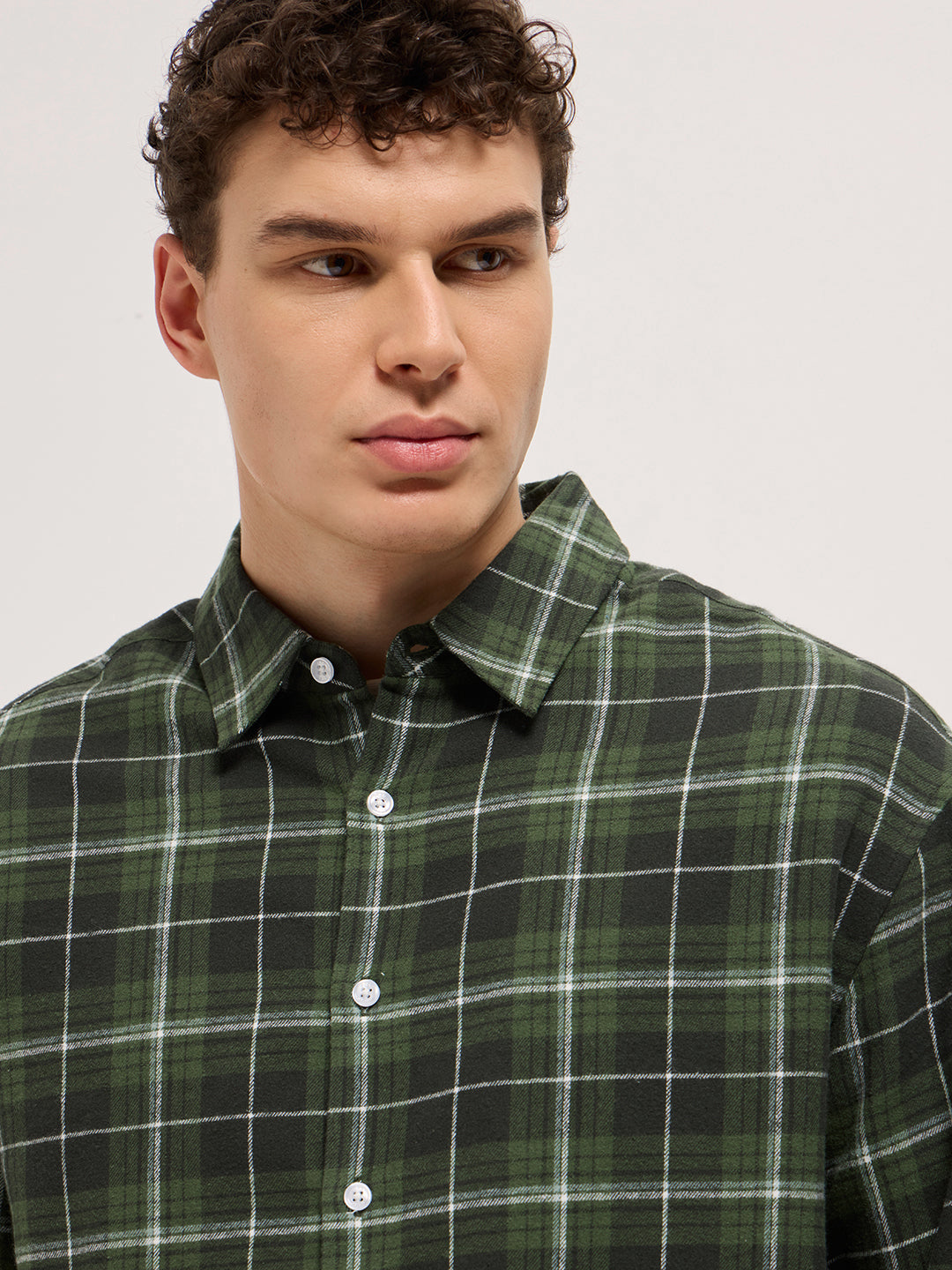 Men Olive Tartan Checked Relax Fit Overshirt