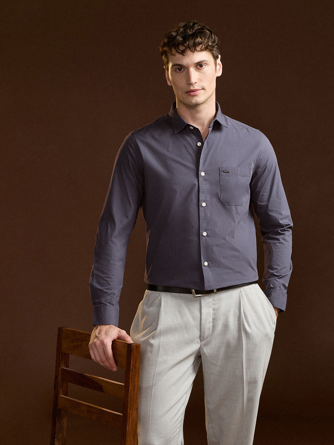 Men Charcoal Grey Tailored Fit Cotton Formal Shirt