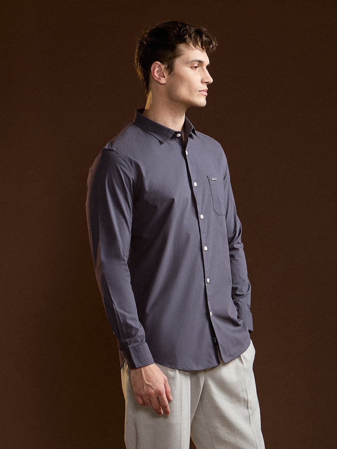 Men Charcoal Grey Tailored Fit Cotton Formal Shirt