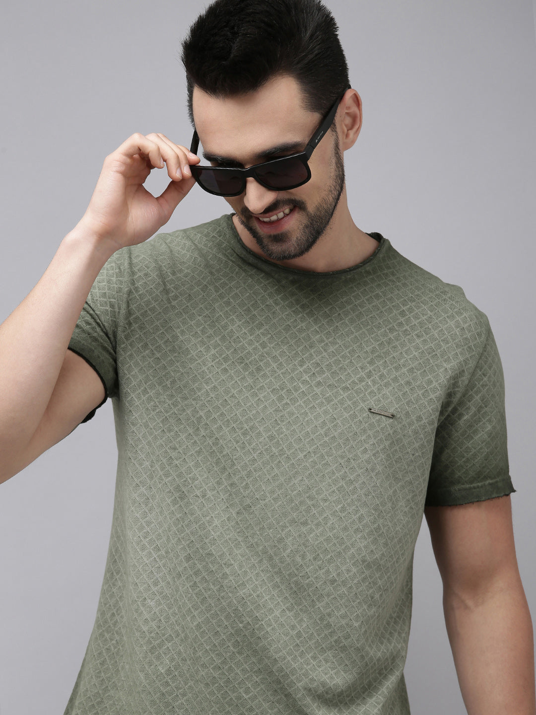 Men Green Cotton Self Design T-Shirt