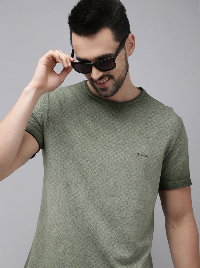 Men Green Cotton Self Design T-Shirt