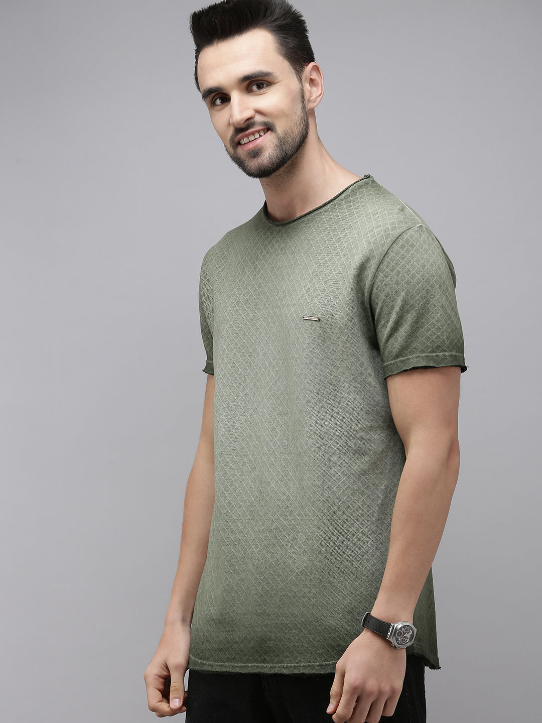 Men Green Cotton Self Design T-Shirt